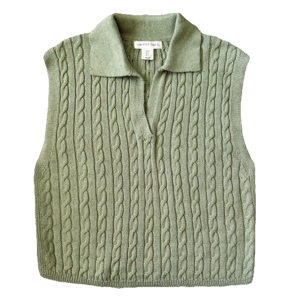 Happily Grey Cable Knit Sweater Vest Womens Large Academia Preppy Heritage Green